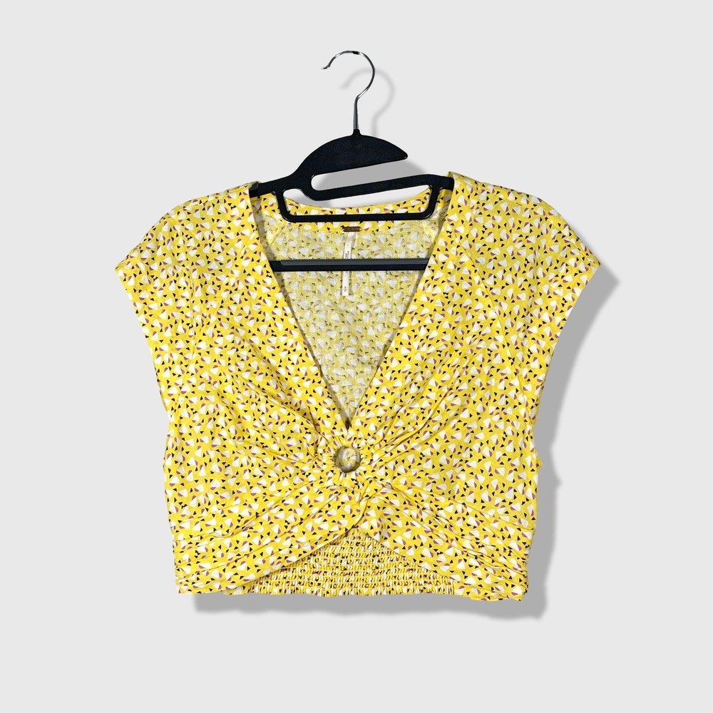 Free People Crop Top Womens S Yellow Geometric Boho Summer Linen Blend